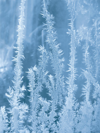 Beautiful natural ice pattern on winter window glass, close-up backgroundの写真素材