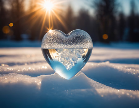 Beautiful ice heart in the snow melting in the sunlight, abstract transparent heart filled with water and pieces of iceの素材