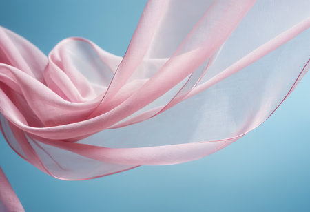 Flying pink fabric wave on blue sky background and illuminated by sunlight, flowing waving silk fluttering cloth, ai generativeの素材