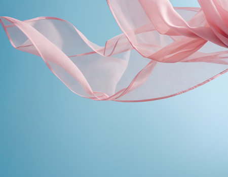 Flying pink fabric wave on blue background and illuminated by sunlight, flowing waving silk fluttering cloth, ai generativeの素材