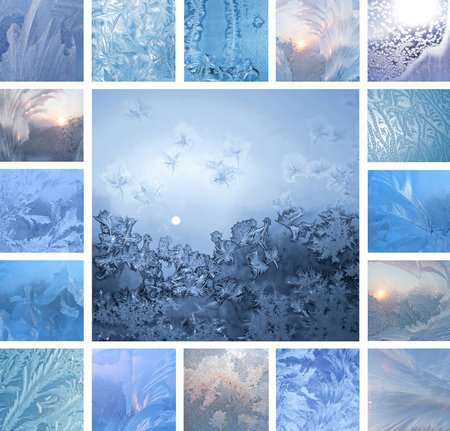 Collage of ice patterns on winter glass