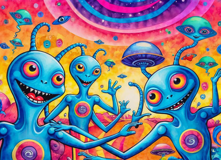 Cheerful company of colourful friendly aliens on bright psychedelic surreal multicolored backgroundの写真素材
