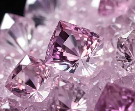 Transparent pale pink crystals, close-up background