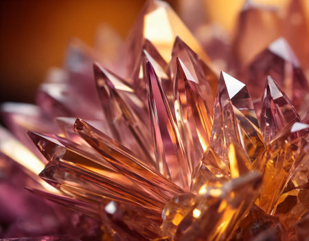 Beautiful transparent crimson crystals close up illuminated by hot golden light