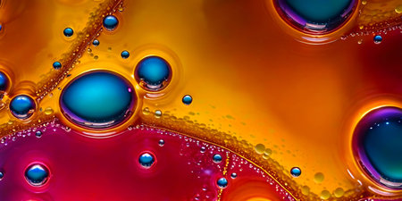 Bright abstract colorful liquid background with drops and bubbles