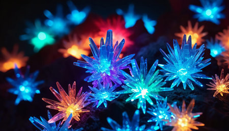 Colorful fantasy glowing crystals on black background