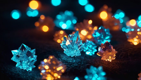 Colorful fantasy glowing crystals on black background