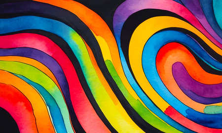 Curved bright multicolored stripes on black background, abstract pattern for designの写真素材