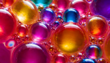 Lliquid with multi-colored bubbles on the surface, abstract bright colorful backgroundの写真素材