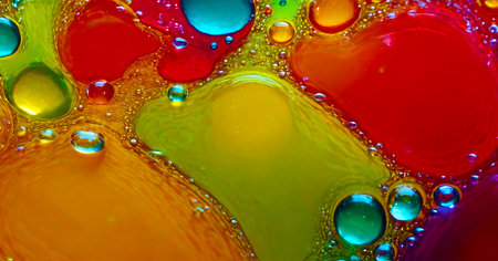 Bright abstract colorful liquid background with multi-colored drops and bubblesの写真素材