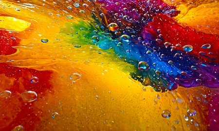 Bright abstract colorful liquid background with drops and bubblesの写真素材