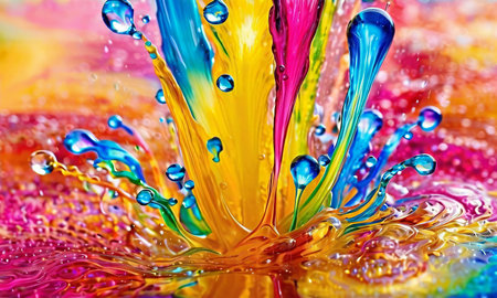 Bright multi-colored splash of liquid with drops and bubbles, close-up colorful backgroundの写真素材