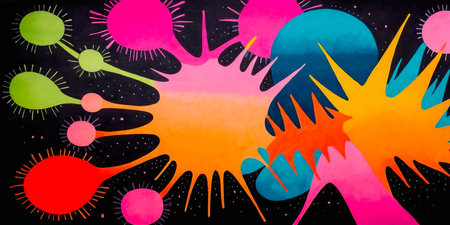 Abstract bright colorful blots of different shapes on a black background, generative aiの写真素材