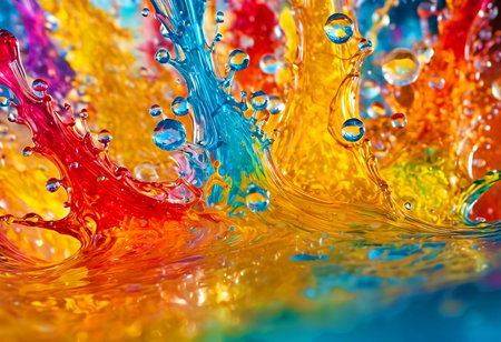 Bright abstract colorful liquid background with drops, splash and bubblesの写真素材