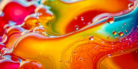 Bright abstract colorful background of multicolor liguid with drops and bubblesの写真素材