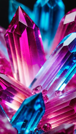 Cluster of transparent colorful crystals, close-up bright abstract blue and pink backgroundの写真素材