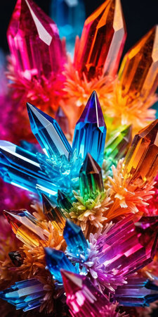 Cluster of colorful fantasy unusually shaped crystals, weirdly shaped crystals that look like flowers, close-up bright abstract backgroundの写真素材