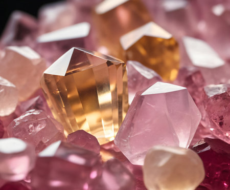 Pink and yellow crystals, close-up backgroundの写真素材