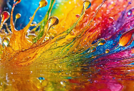 Close-up of bright abstract colorful liquid background with drops, splash and bubblesの写真素材