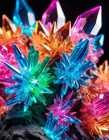 Cluster of colorful fantasy glowing crystals, close-up abstract bright multicolor backgroundの写真素材