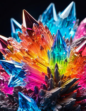 Cluster of colorful glowing crystals, close-up abstract bright multicolor backgroundの写真素材