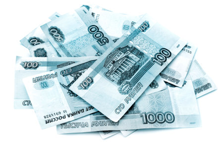 Russian rubles isolated on white backgroundの写真素材