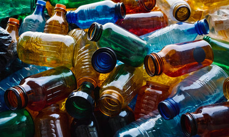 Heap of used empty multicolor plastic bottles, separate waste collection, environmental pollution, close-up backgroundの写真素材