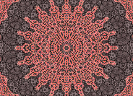 Black background with white graphics and bright pink concentric pattern