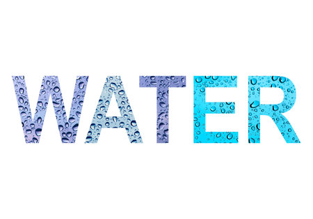 Word WATER with a drops isolated on white backgroundの写真素材