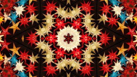 Abstract colorful kaleidoscopic pattern with bright colorful glowing christmas stars