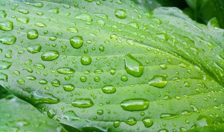 Large green hosta leaf covered with water drops, close-up natural background