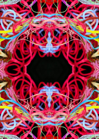 Abstract pattern of bright multicolored threads on black background with 3D effect and space for...