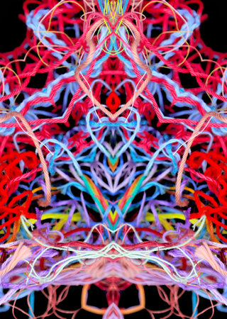 Abstract pattern of bright multicolored threads on black background with 3D effect