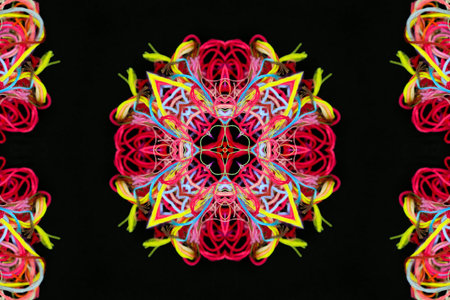 Abstract pattern of bright multicolored threads on a black background with 3D effect