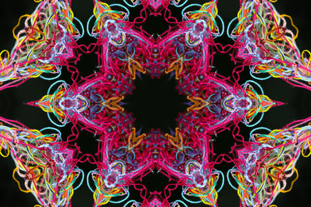Abstract pattern of bright multicolored threads on black background with 3D effect