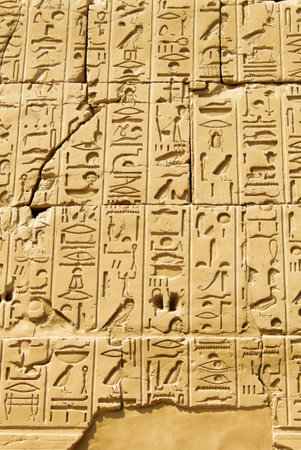 Ancient egyptian hieroglyphs carved on the stone wall in the Karnak Temple, Luxor, Egypt