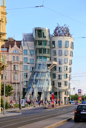 PRAGUE / CZECH REPUBLIC - JULY 13, 2018: View on the Dancing House (Ginger and Fred). Modern Architecture in Prague, Czech Republic.の写真素材