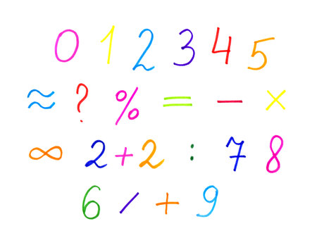 White background with colorful numerals and symbols, hand drawの写真素材