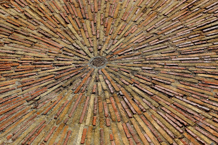 Cobble concentric mosaic. Patterned floor walkway in the park, Montjuic, Barcelona, Spainの写真素材