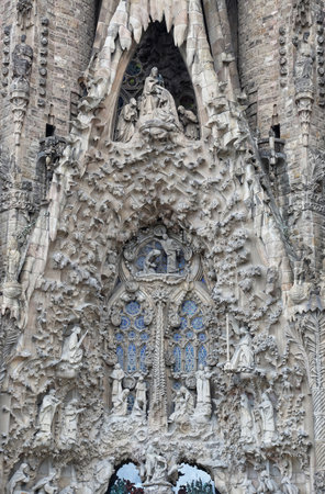 BARCELONA, SPAIN - OCTOBER 07, 2015: Detail of Nativity facade of Sagrada Familia church in Barcelona, Spain. Designed by Antoni Gaudi.の写真素材