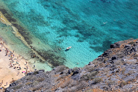 Beautiful sea view on the beach of the Gramvousa island from fortress on the top, Crete, Greeceの写真素材