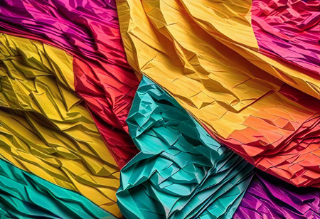 Vibrant and colorful paper or fabric background design, bright colorful crumpled paper or fabric texture for creativeの写真素材