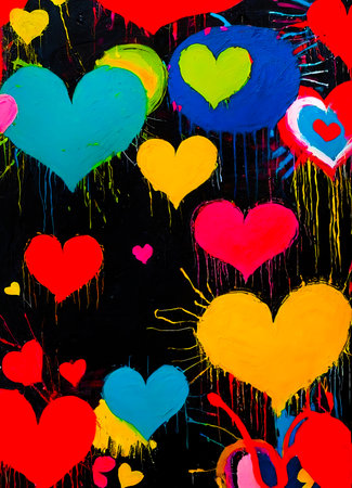 Black background with bright abstract colorful heartsの写真素材