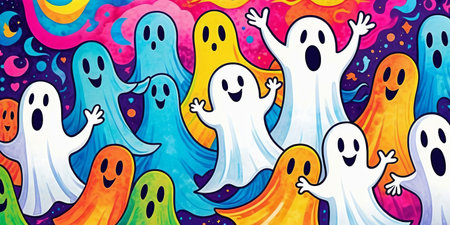 Funny ghosts on abstract bright multicolored background