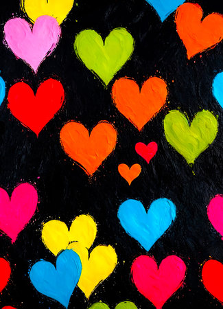 Black background with bright abstract colorful hearts