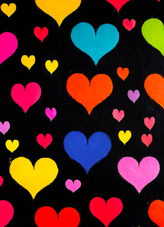Black background with bright abstract colorful heartsの写真素材