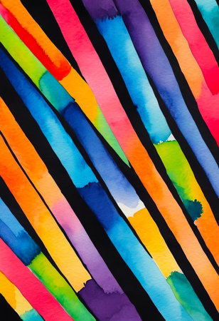 Bright multicolor stripes on black background, abstract colorful pattern for designの写真素材