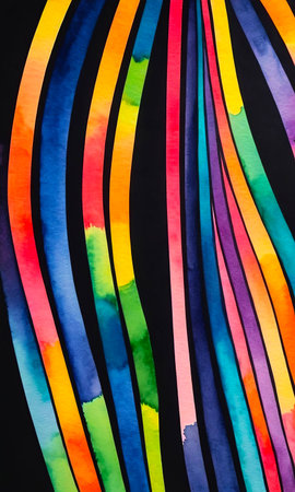Bright multicolor stripes on black background, abstract pattern for designの写真素材