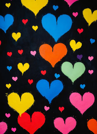 Bright multicolored blots in the form of abstract hearts on a black backgroundの写真素材