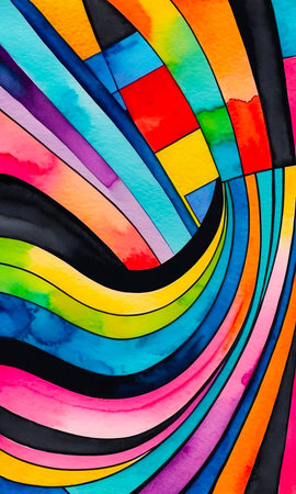 Bright multicolored wavy stripes on dark background, abstract pattern for designの写真素材